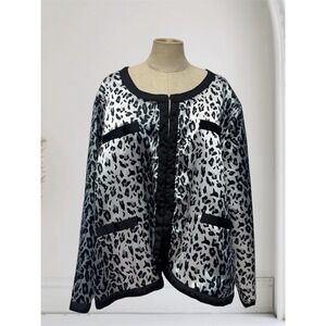 Michael Simon Women 2X Leopard Print Cardigan Jacket Black Grey Quilted Mob Wife